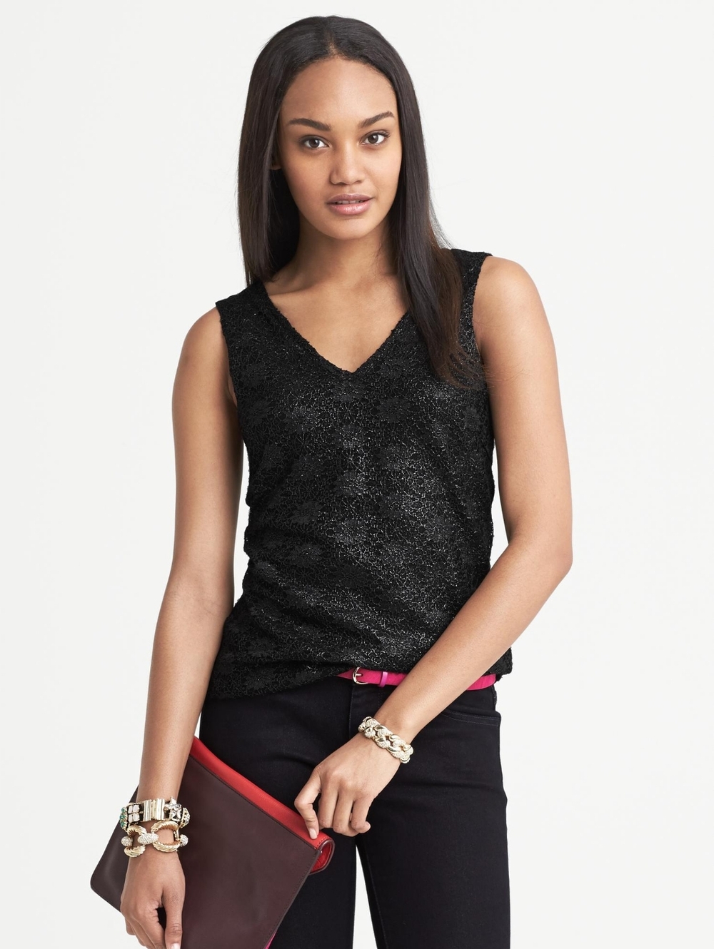 NWT Banana Republic Black Metallic Foil Lace Shell V-neck Tank Top Size Medium M
